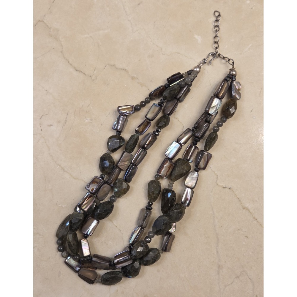 Vtg Heavy Sterling Silver, Labradorite, Abalone, Aurora Borealis Signed Necklace - Picture 3 of 5